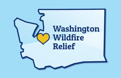 An outline of Washington state with a yellow heart and text reading "Washington Wildfire Relief"