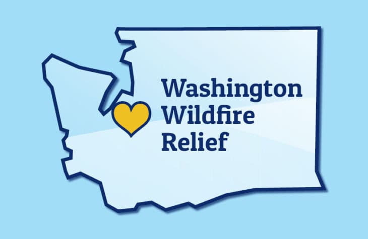 An outline of Washington state with a yellow heart and text reading "Washington Wildfire Relief"