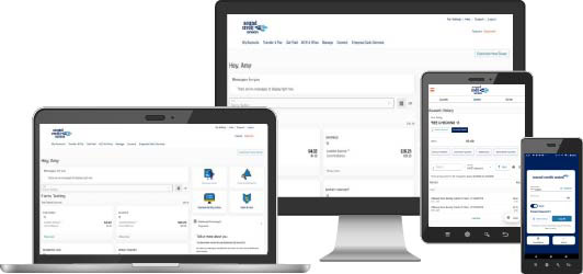 Business banking view on a computer, laptop, tablet and phone.