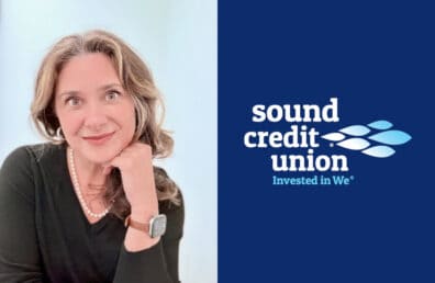 Headshot photo of Jamie Mullenix, SVP/Chief People and Culture Officer at Sound beside a blue background with the Sound Credit Union logo.