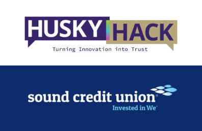 A split white and blue background with logos for Husky Hack and Sound Credit Union.
