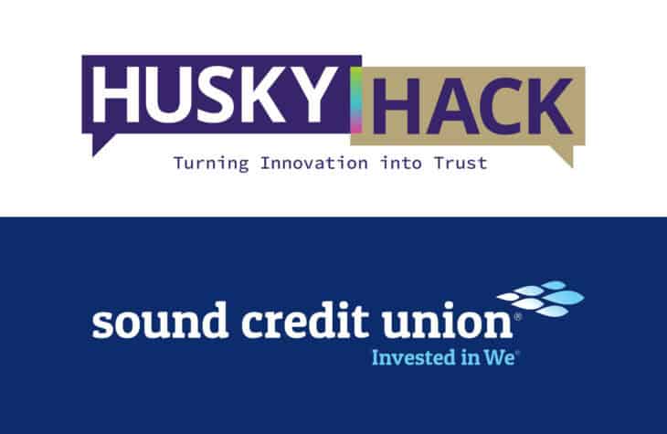 A split white and blue background with logos for Husky Hack and Sound Credit Union.