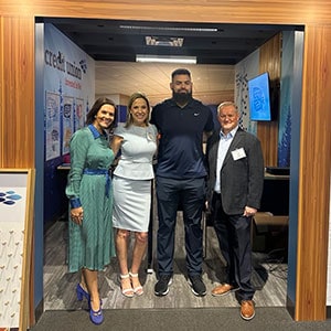 Pictured from left to right: Natalie Vega O'Neal, President & CEO Junior Achievement of Washington, Jen Reed, VP of PR Sound Credit Union, Abraham Lucas, Seattle offensive lineman and world champion, Don Clark, President & CEO Sound Credit Union