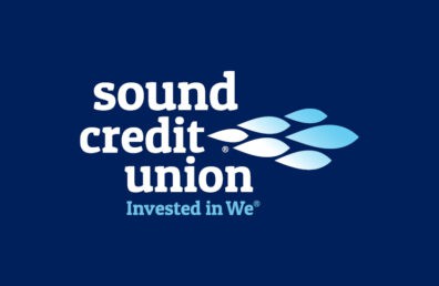 Sound Credit Union logo and tagline, Invested in We, on blue background