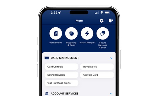 Example of tools and resources, including account alerts in the sound credit union mobile app