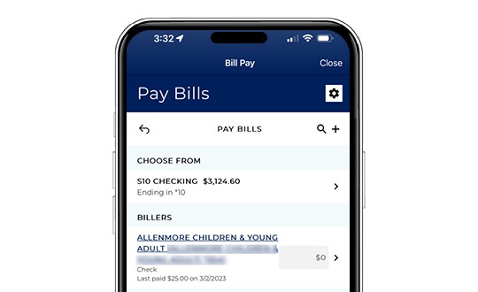 Pay bills screen in the sound mobile app