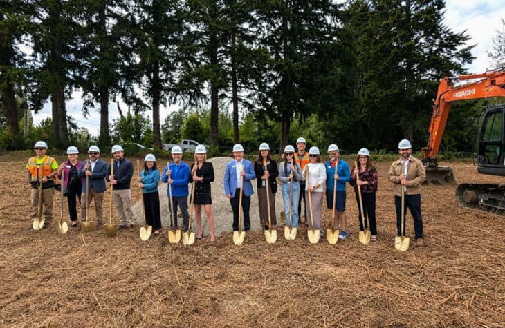 Representatives from Sound Credit Union, BCRA Design, Korsmo Construction, the Greater Kitsap Chamber, City Council, and community partners participate in a groundbreaking ceremony for Sound Credit Union's future Port Orchard branch.