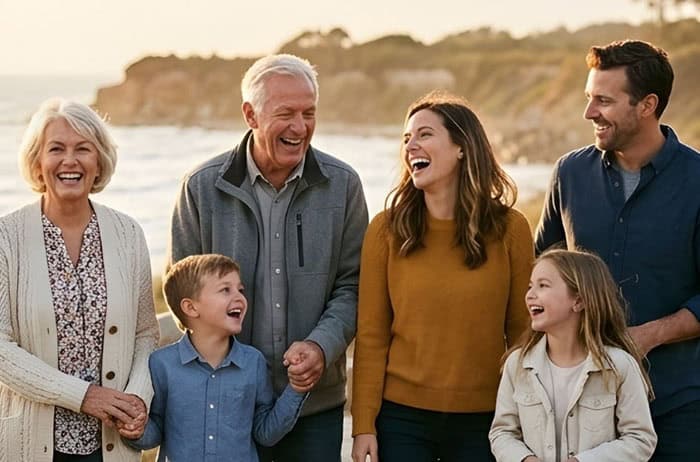 A family, including parents, grandparents and children, walking near the ocean.