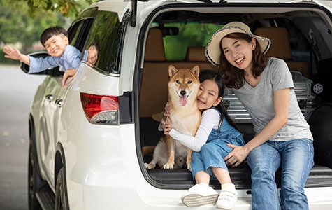 Mother and daughter sitting in the open trunk of their car with their dog, while son waves from a car window.