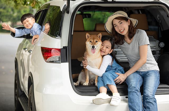 Mother and daughter sitting in the open trunk of their car with their dog, while son waves from a car window.