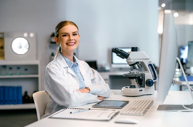 Lab technician paying bills for clinic